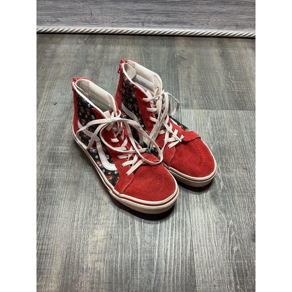 Vans Sk8-Hi Zip Red Suede Butterfly Floral High Top Sneakers Kids Size 2.5